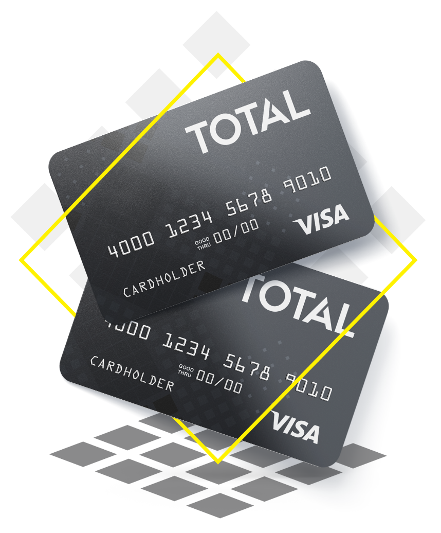 Total Visa Credit Cards in grey and white designs. Total Visa Card is a credit card for underserved consumers with imperfect credit.